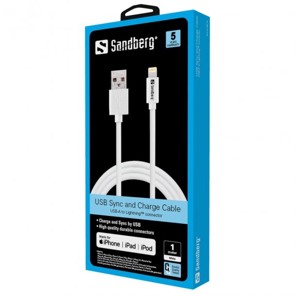 Sandberg USB>Lightning 1m ladekabel Apple egnet Sandberg Nordic Quality Pixojet Norge